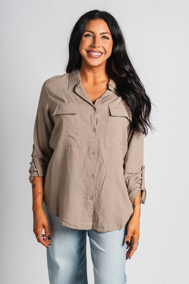 Linen button down top mushroom