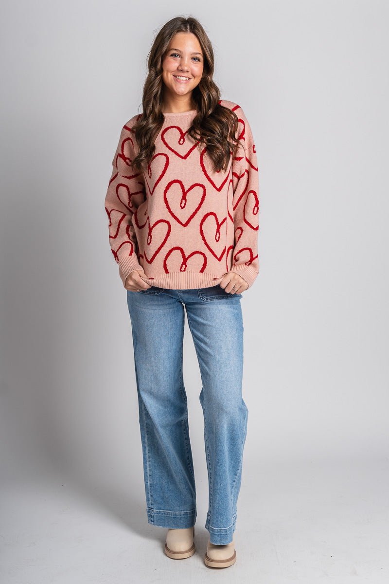 Oversized heart sweater blush - Cute Valentine's Day Outfits at Lush Fashion Lounge Boutique in Oklahoma City