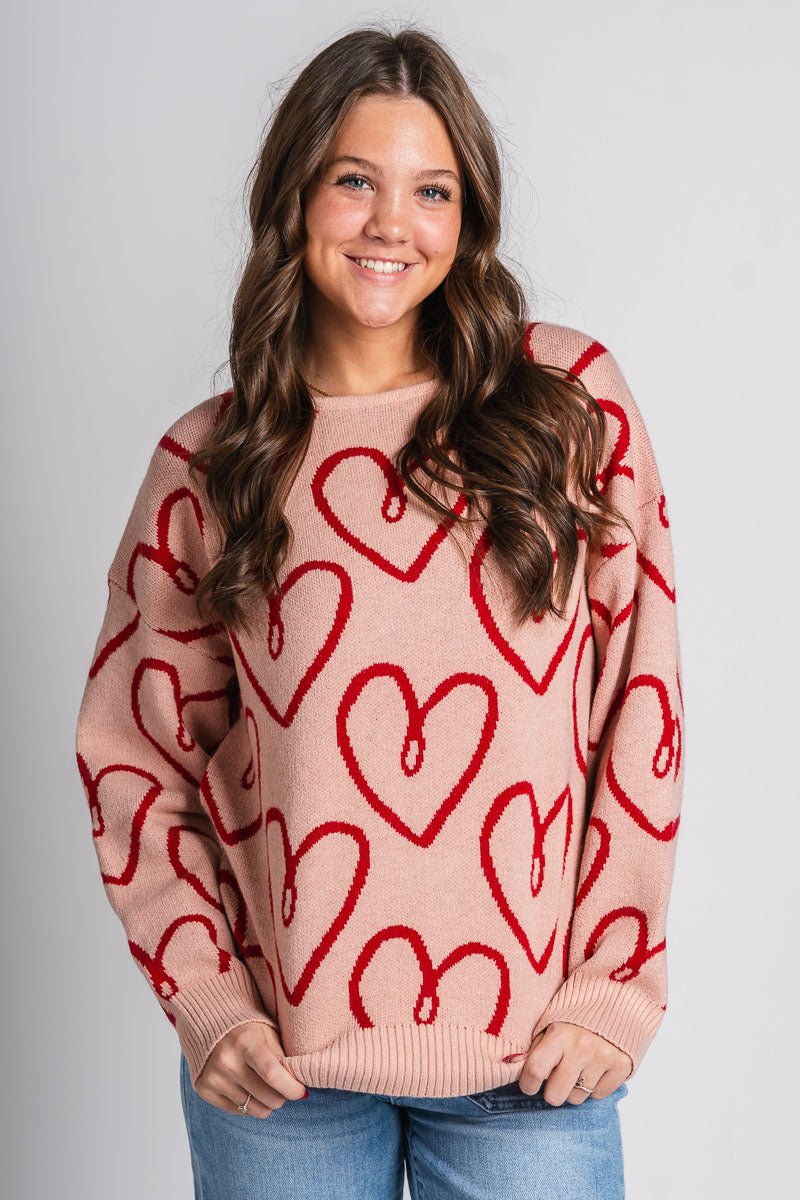 Oversized heart sweater blush - Trendy T-Shirts for Valentine's Day at Lush Fashion Lounge Boutique in Oklahoma City