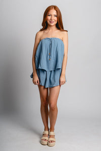 Strapless flounce skort romper denim blue - Stylish romper - Trendy Staycation Outfits at Lush Fashion Lounge Boutique in Oklahoma City