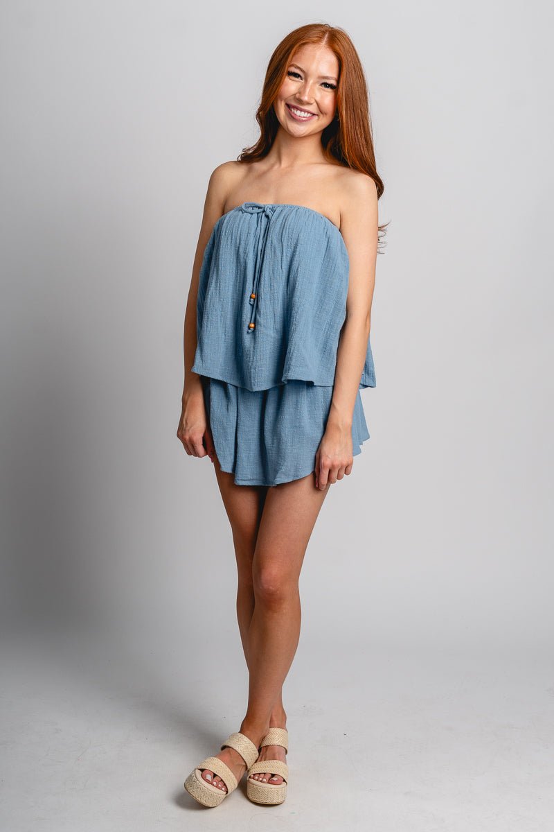 Strapless flounce skort romper denim blue - Fun romper - Unique Getaway Gear at Lush Fashion Lounge Boutique in Oklahoma