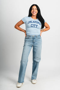 OKC basketball baby tee light blue - Trendy OKC Thunder T-Shirts at Lush Fashion Lounge Boutique in Oklahoma City