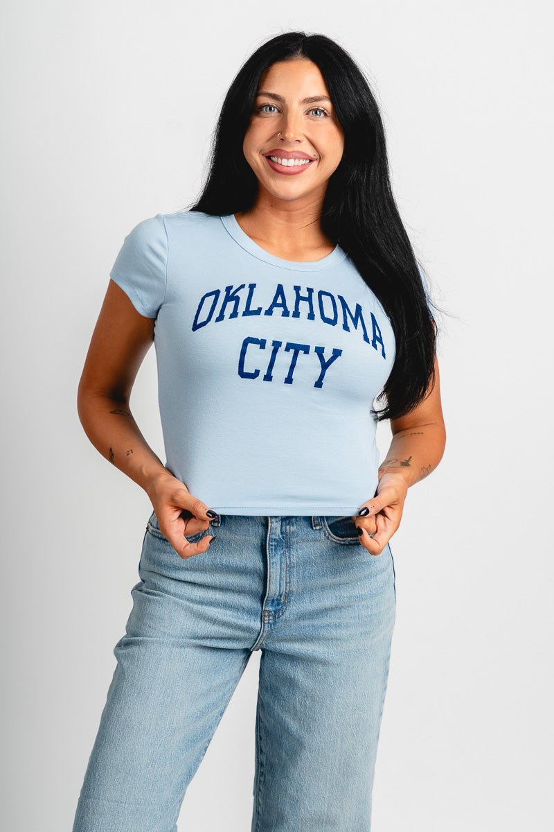 OKC basketball baby tee light blue - Trendy Oklahoma City Basketball T-Shirts Lush Fashion Lounge Boutique in Oklahoma City