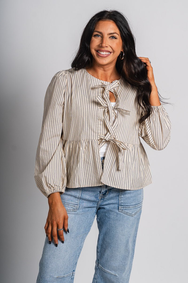 Front tie striped blouse beige