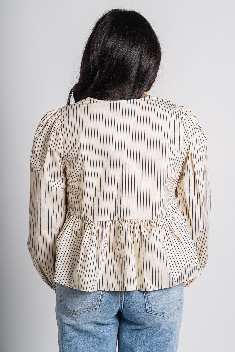 Front tie striped blouse beige