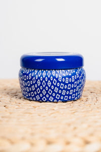 Capri Blue blue jean printed mini tin blue 3oz - Trendy Candles and Scents at Lush Fashion Lounge Boutique in Oklahoma City