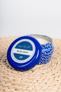 Capri Blue blue jean printed mini tin blue 3oz - Trendy Candles and Scents at Lush Fashion Lounge Boutique in Oklahoma City