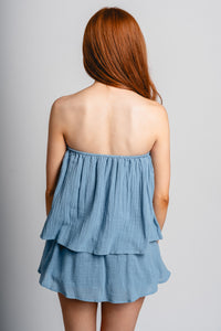 Strapless flounce skort romper denim blue - Adorable romper - Stylish Vacation T-Shirts at Lush Fashion Lounge Boutique in Oklahoma City