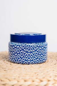Capri blue 8.5 oz blue print travel tin volcano - Trendy Candles and Scents at Lush Fashion Lounge Boutique in Oklahoma City