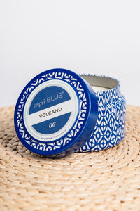 Capri blue 8.5 oz blue print travel tin volcano - Trendy Candles and Scents at Lush Fashion Lounge Boutique in Oklahoma City