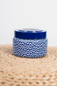 Capri blue 8.5 oz blue print travel tin blue jean - Trendy Candles and Scents at Lush Fashion Lounge Boutique in Oklahoma City