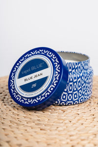 Capri blue 8.5 oz blue print travel tin blue jean - Trendy Candles and Scents at Lush Fashion Lounge Boutique in Oklahoma City