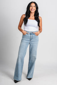 Daze high rise far out wide leg jeans blooming vintage | Lush Fashion Lounge: boutique women's jeans, fashion jeans for women, affordable fashion jeans, cute boutique jeans