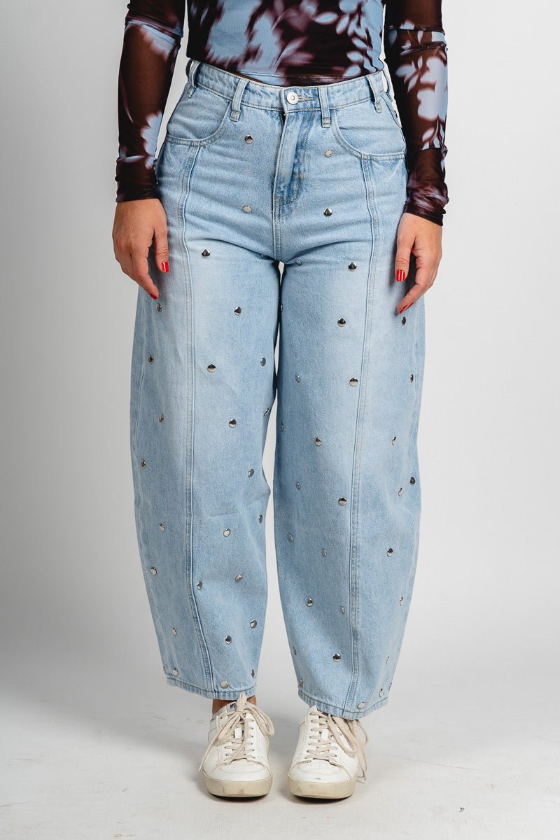 Studded barrel jeans light blue | Lush Fashion Lounge: boutique women's jeans, fashion jeans for women, affordable fashion jeans, cute boutique jeans