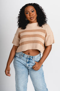 Striped short sleeve sweater beige - Trendy top - Fun Easter Looks at Lush Fashion Lounge Boutique in Oklahoma