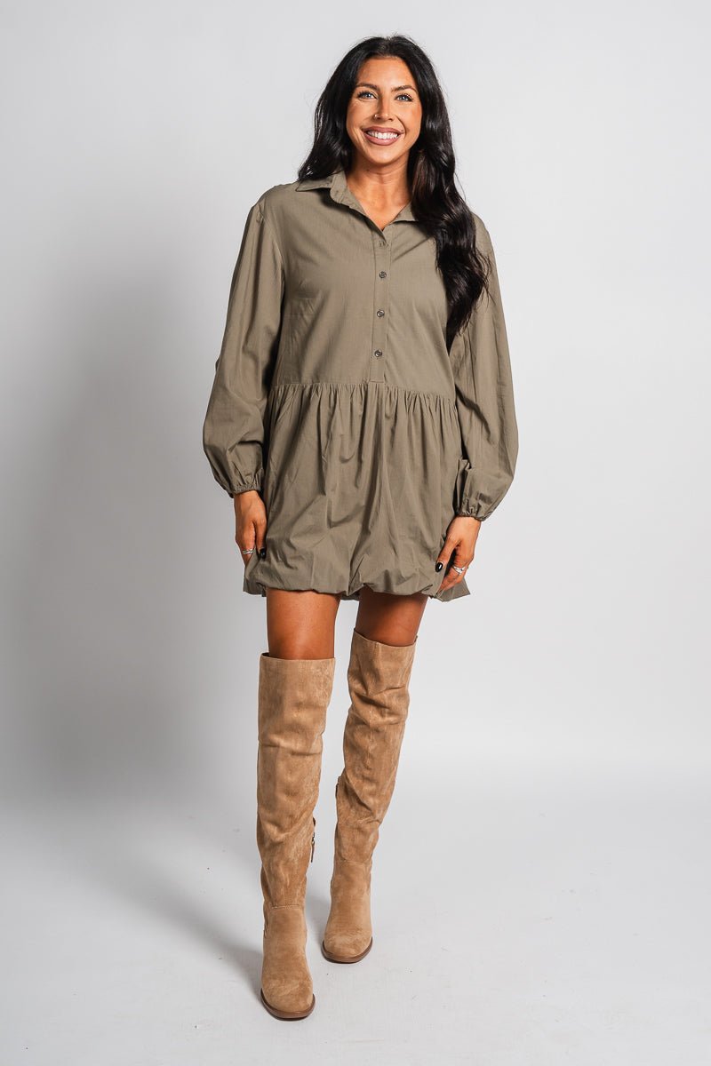 Bubble hem shirt dress olive Stylish dress - Womens Fashion Dresses at Lush Fashion Lounge Boutique in Oklahoma City