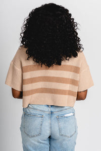 Striped short sleeve sweater beige - Stylish top - Cute Easter Clothing Line at Lush Fashion Lounge Boutique in Oklahoma