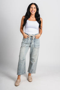 Washed high rise barrel jeans light denim | Lush Fashion Lounge: boutique women's jeans, fashion jeans for women, affordable fashion jeans, cute boutique jeans