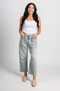 Washed high rise barrel jeans light denim | Lush Fashion Lounge: boutique women's jeans, fashion jeans for women, affordable fashion jeans, cute boutique jeans