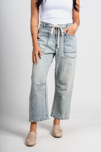 Washed high rise barrel jeans light denim | Lush Fashion Lounge: boutique women's jeans, fashion jeans for women, affordable fashion jeans, cute boutique jeans