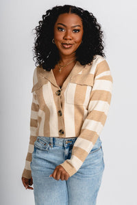 Striped cardigan top taupe - Cute top - Trendy Cardigans & Stylish Kimonos at Lush Fashion Lounge Boutique in Oklahoma City