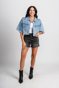 Short sleeve cropped denim jacket medium blue – Fashionable Jackets | Trendy Blazers at Lush Fashion Lounge Boutique in Oklahoma City