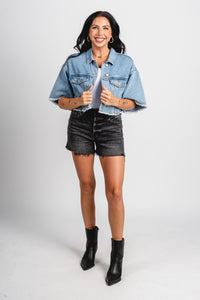 Short sleeve cropped denim jacket medium blue – Unique Blazers | Cute Blazers For Women at Lush Fashion Lounge Boutique in Oklahoma City