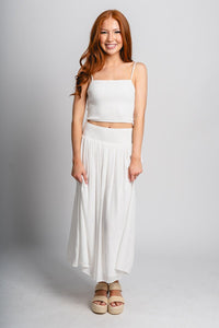 Smocked midi skirt white | Lush Fashion Lounge: boutique fashion skirts, affordable boutique skirts, cute affordable skirts