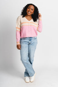 Striped crop sweater natural/pink - Trendy Sweaters | Cute Pullover Sweaters at Lush Fashion Lounge Boutique in Oklahoma City