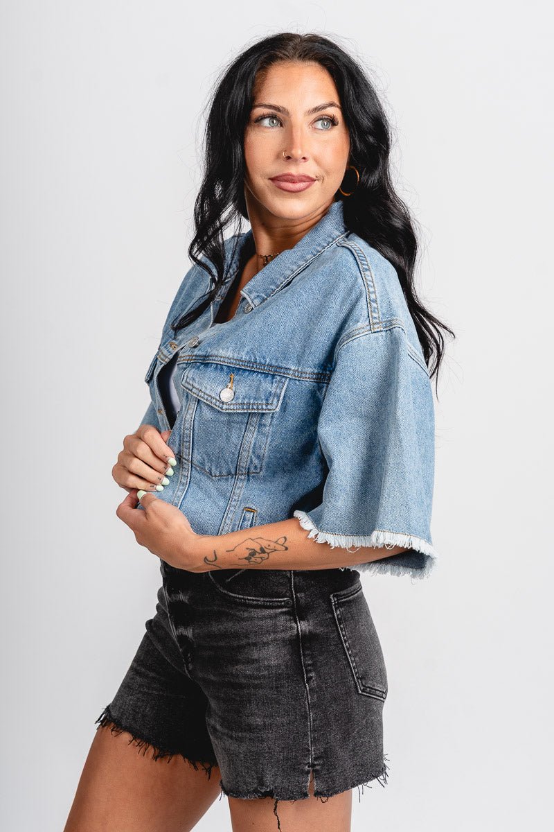 Short sleeve cropped denim jacket medium blue – Affordable Blazers | Cute Black Jackets at Lush Fashion Lounge Boutique in Oklahoma City