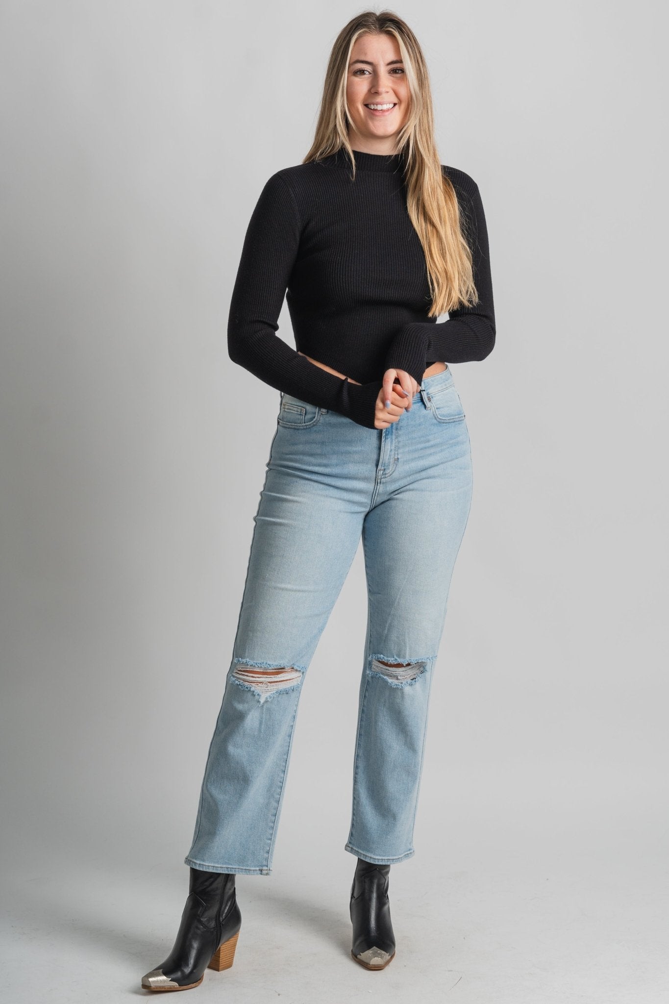 Ribbed knit long sleeve top black