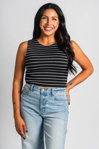 Striped crop tank top black - Affordable Tank Top - Boutique Tank Tops at Lush Fashion Lounge Boutique in Oklahoma City