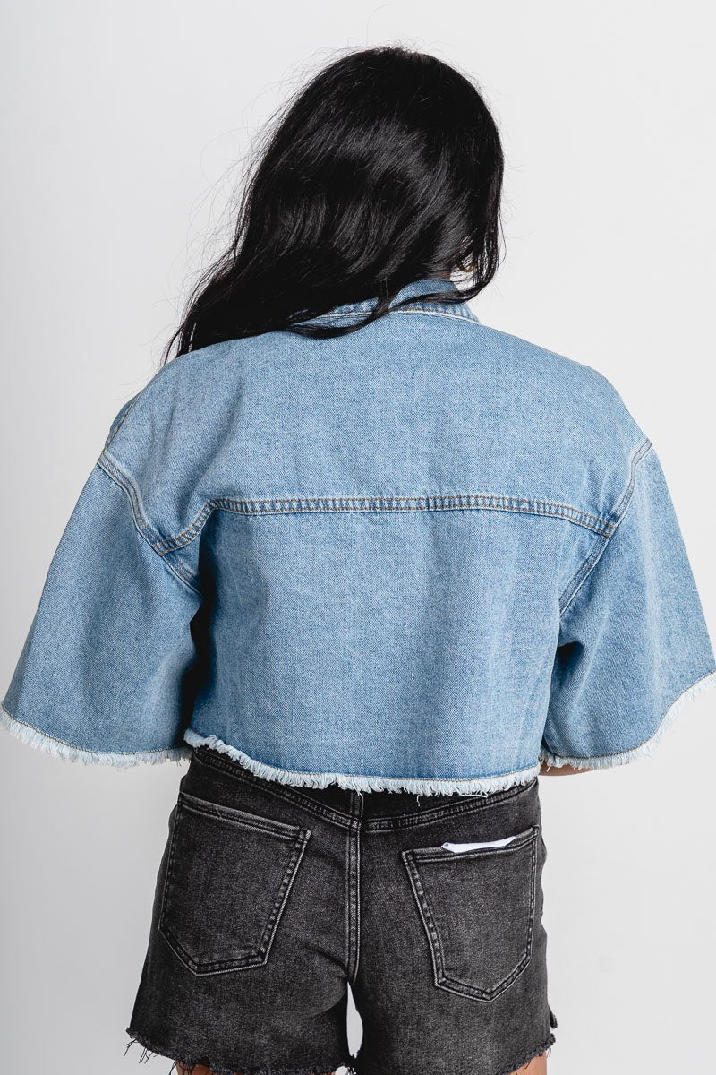 Short sleeve cropped denim jacket medium blue
