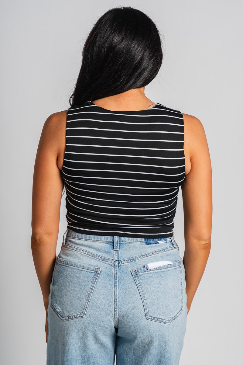 Striped crop tank top black