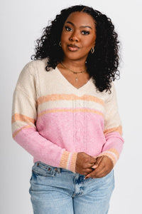 Striped crop sweater natural/pink – Stylish Sweaters | Boutique Sweaters at Lush Fashion Lounge Boutique in Oklahoma City