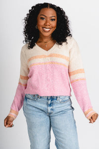 Striped crop sweater natural/pink – Boutique Sweaters | Fashionable Sweaters at Lush Fashion Lounge Boutique in Oklahoma City