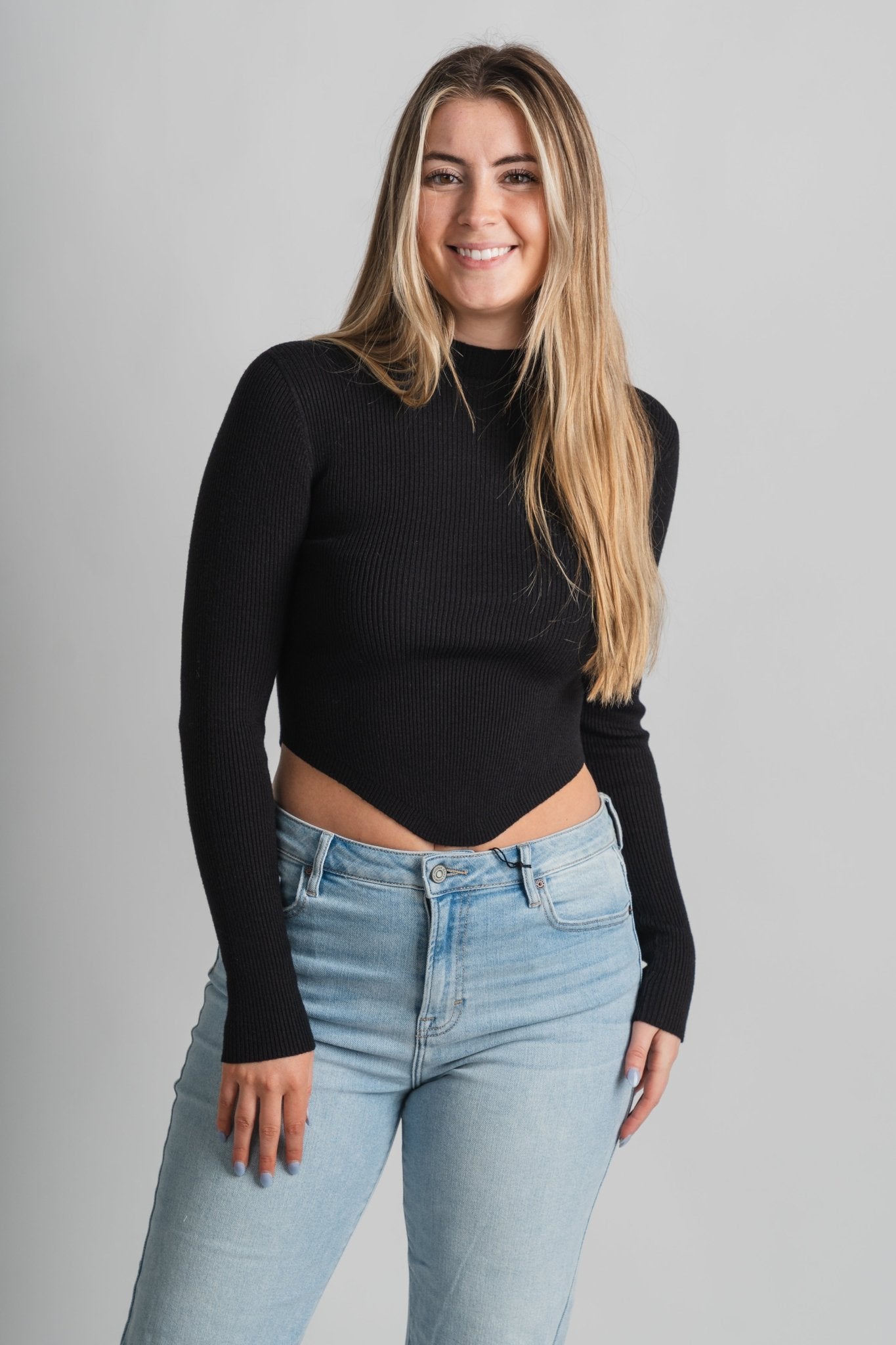 Ribbed knit long sleeve top black