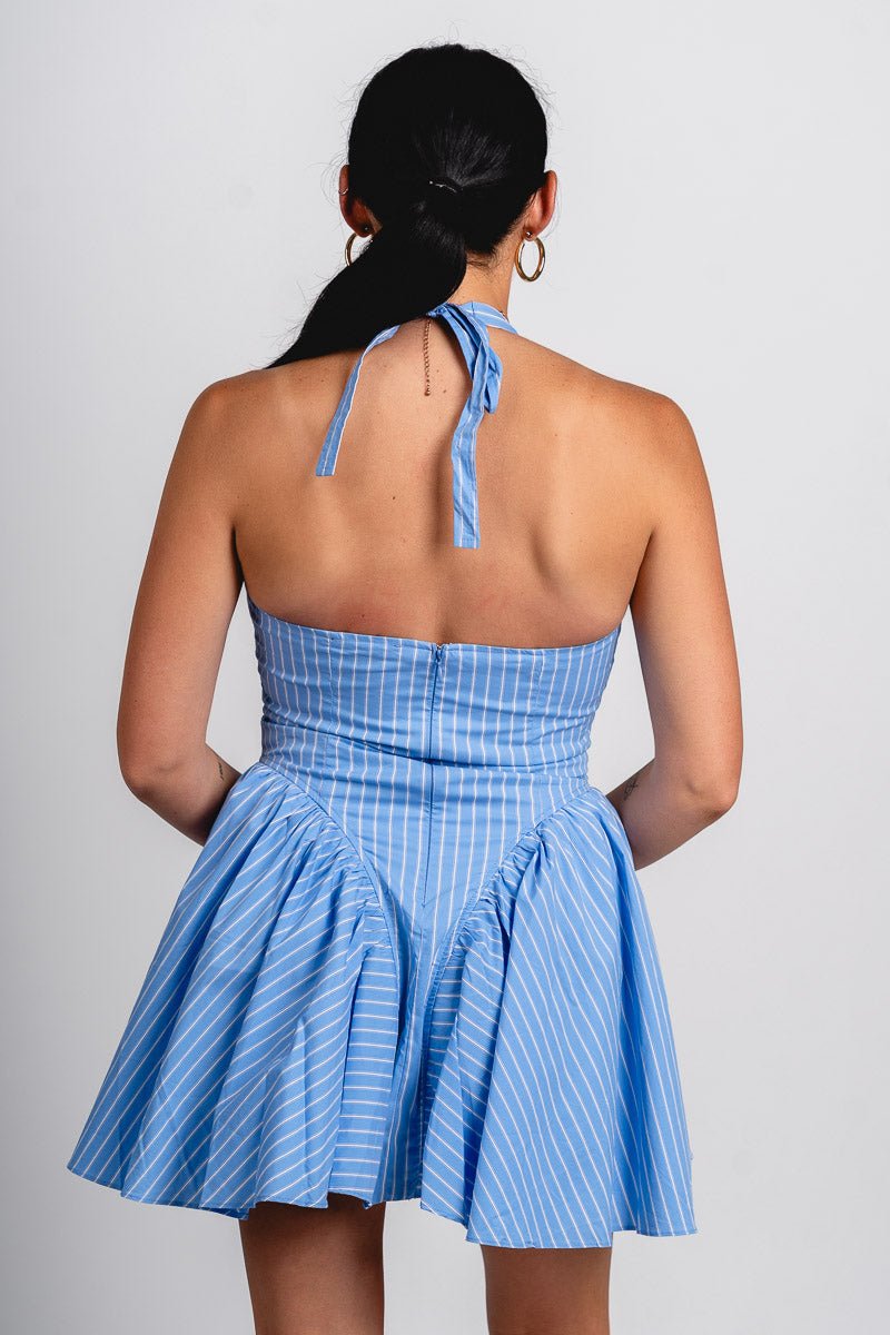 Striped halter flare mini dress blue