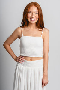 Smocked crop top white - Cute top - Fun Vacay Basics at Lush Fashion Lounge Boutique in Oklahoma City