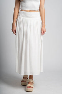 Smocked midi skirt white | Lush Fashion Lounge: boutique fashion skirts, affordable boutique skirts, cute affordable skirts