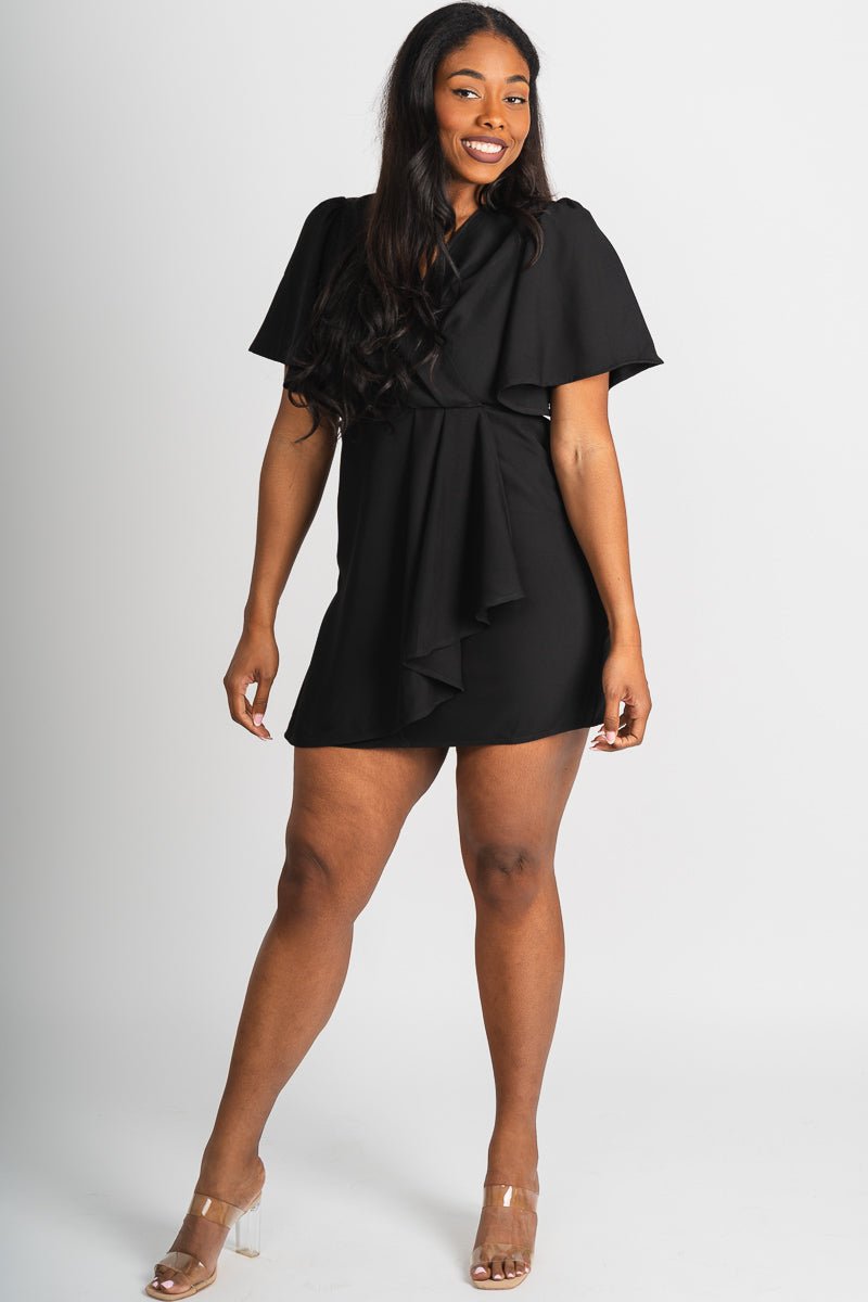 Ruffle wrap dress black Stylish Dress - Womens Fashion Dresses at Lush Fashion Lounge Boutique in Oklahoma City