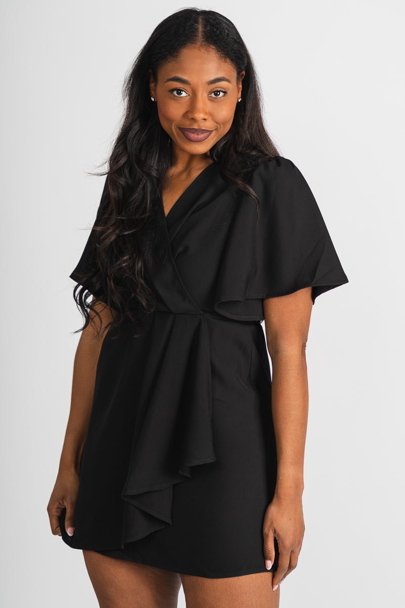 Ruffle wrap dress black - Affordable Dress - Boutique Dresses at Lush Fashion Lounge Boutique in Oklahoma City