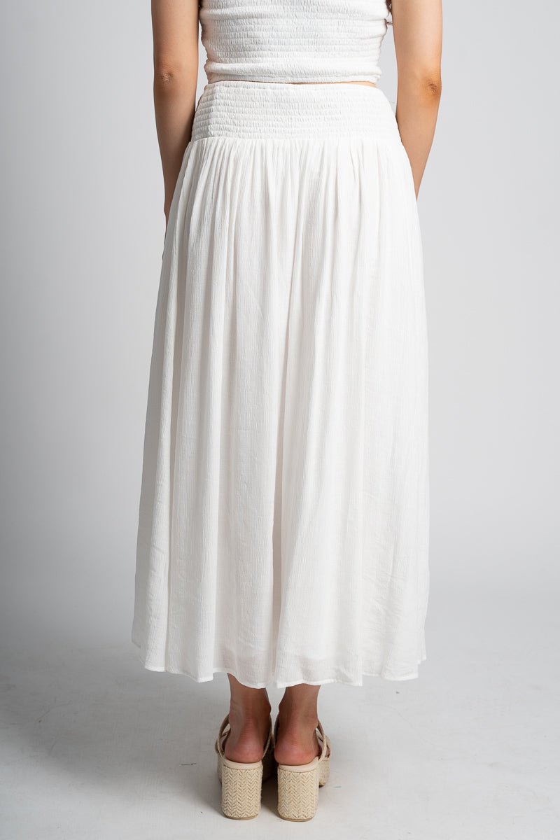 Smocked midi skirt white | Lush Fashion Lounge: boutique fashion skirts, affordable boutique skirts, cute affordable skirts