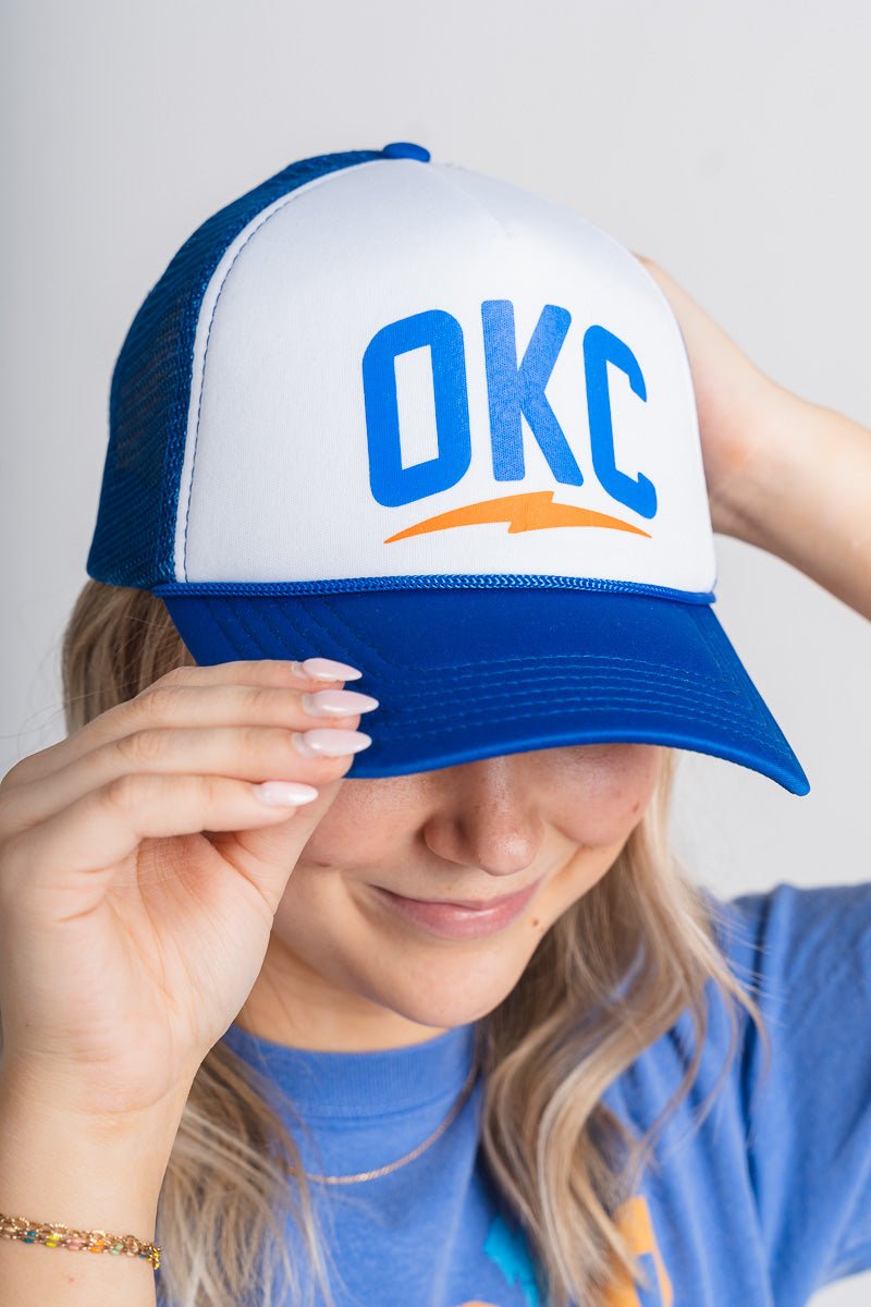 OKC bolt trucker hat blue/white - Trendy OKC Apparel at Lush Fashion Lounge Boutique in Oklahoma City