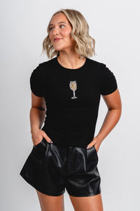 Champagne beaded short sleeve t-shirt black - Trendy New Year's Eve Outfits at Lush Fashion Lounge Boutique in Oklahoma City