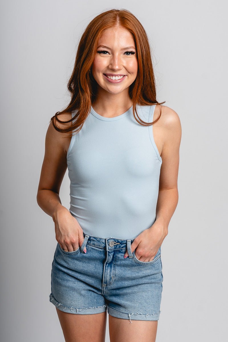 Round neck bodysuit light blue - Affordable bodysuit - Boutique Bodysuits at Lush Fashion Lounge Boutique in Oklahoma City