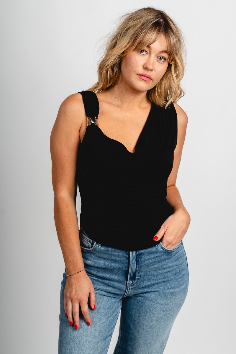 Cowl neck shirred tank top black - Affordable Tank Top - Boutique Tank Tops at Lush Fashion Lounge Boutique in Oklahoma City
