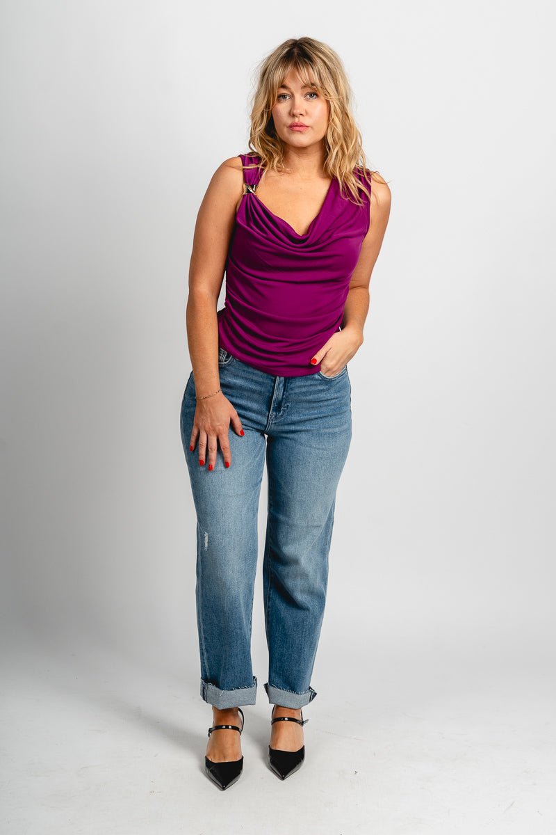 Cowl neck shirred tank top grape - Trendy Tank Top - Fashion Tank Tops at Lush Fashion Lounge Boutique in Oklahoma City