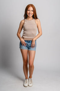 Striped knit tank top cream/taupe - Trendy Tank Top - Fashion Tank Tops at Lush Fashion Lounge Boutique in Oklahoma City