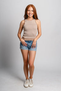 Striped knit tank top cream/taupe Stylish Tank Top - Womens Fashion Tank Tops at Lush Fashion Lounge Boutique in Oklahoma City